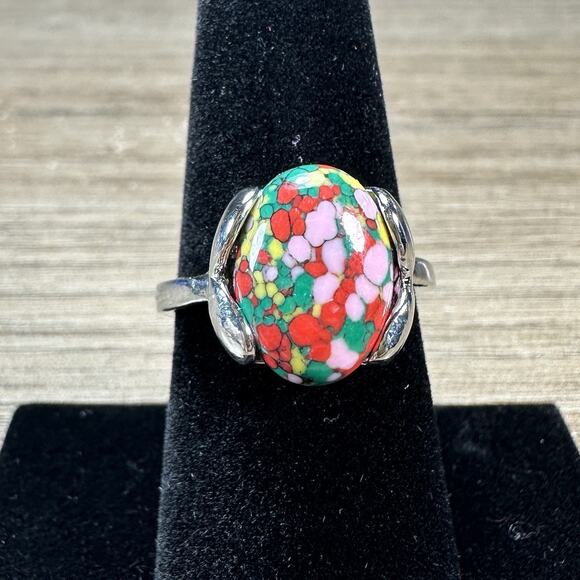 925 Sterling Silver Green Pink Red Mixed Stone Ring Smooth Oval Artistic Sz 8 - Picture 9 of 9